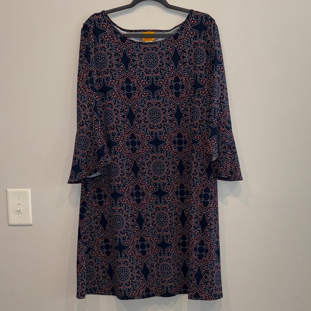 Ruby Rd. Navy Blue & Coral Printed Long Sleeve Shift Dress